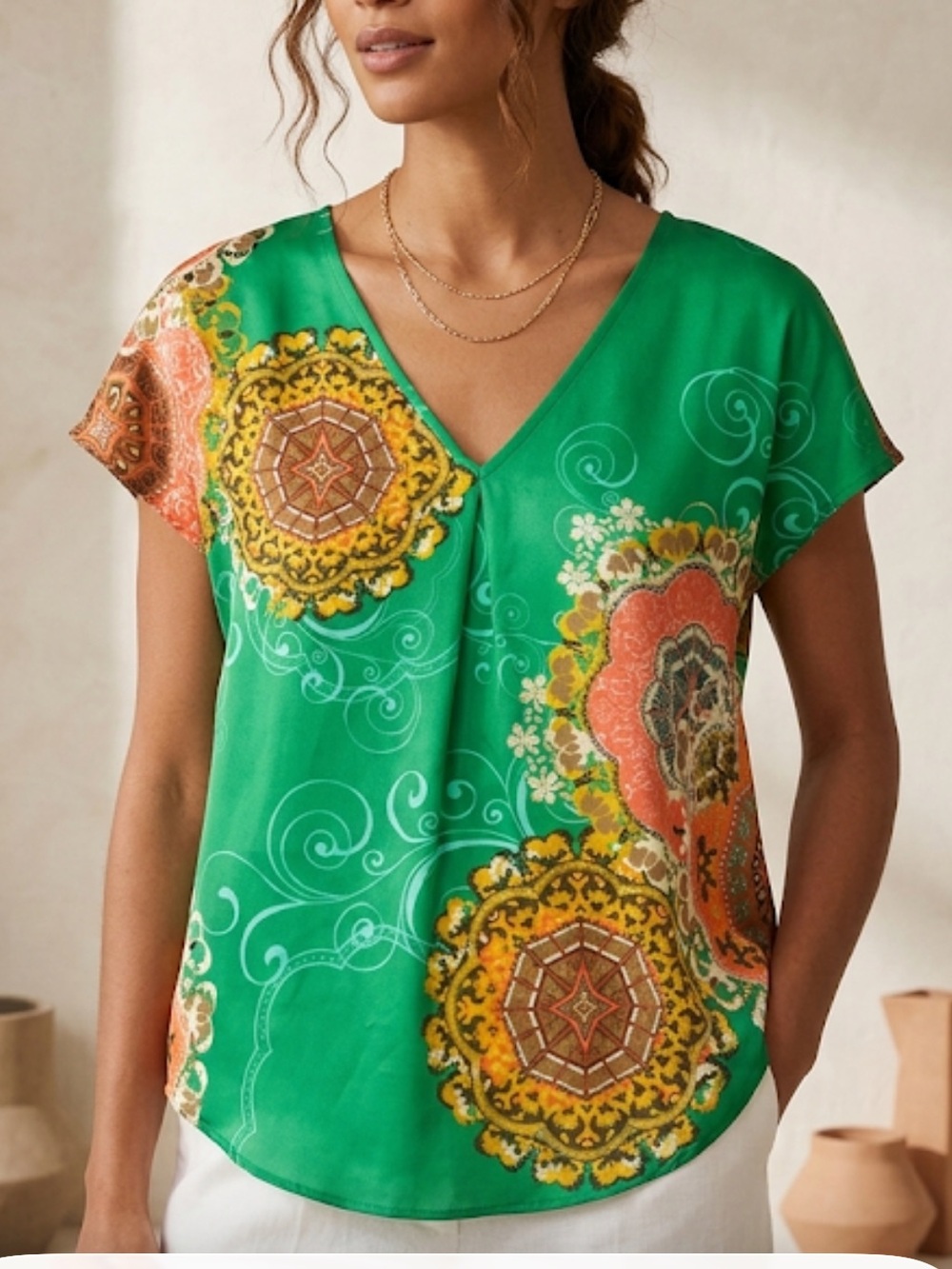 Glam Green Floral V-Neck Festival Ready Women's Top Cap Sleeves